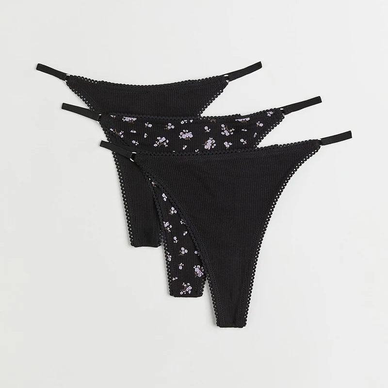 New Design Sexy Narrow Strap Regular Waist Floral Print Lace Trim Cotton Jersey Thong Briefs For Women