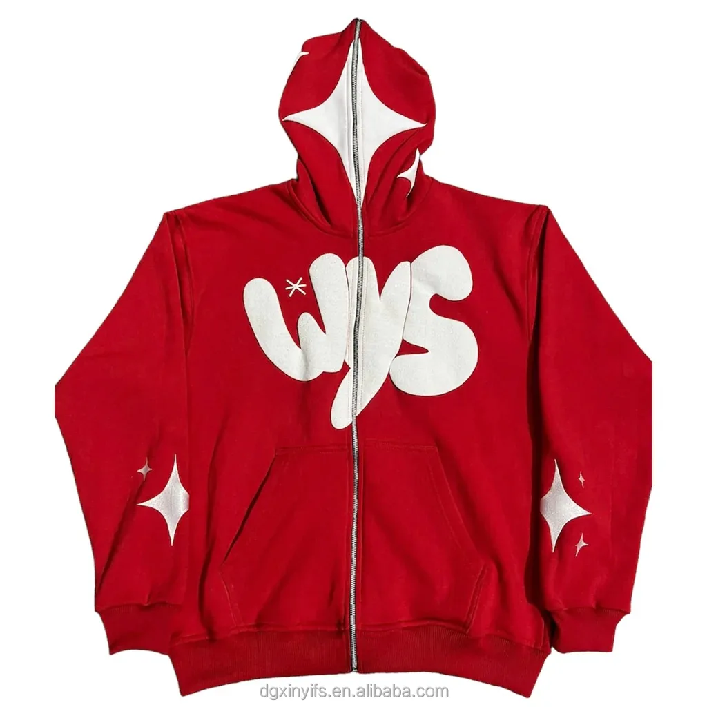 Custom Manufacturer Y2K Men French Terry 100% Cotton Low Minimum Oversized 3D Logo Full Face All Zip Up Hoodie Puff Print