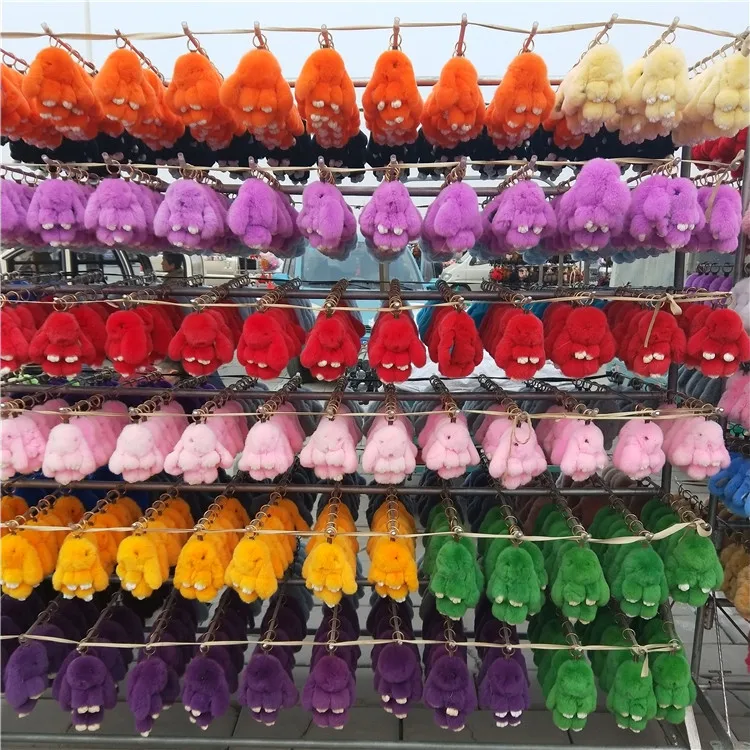 Factory Wholesale High Quality 15cm Fluffy Rabbit Fur Bunny Keyring Rex Rabbit Fur Toy Doll Cute Plush Rabbit Keychain