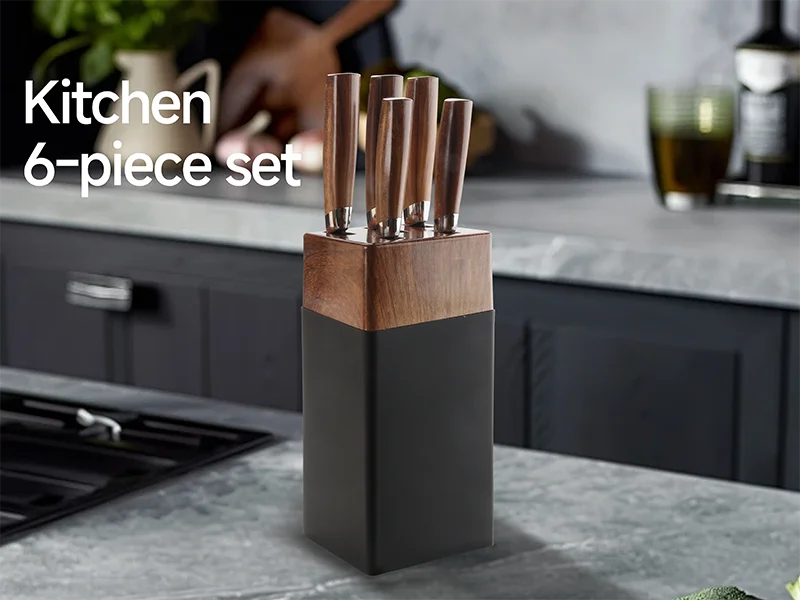 6 Piece Factory Direct Stainless Steel  Wood  Pattern Handle  Kitchen Knife Set Kitchen Accessories with Knife Block