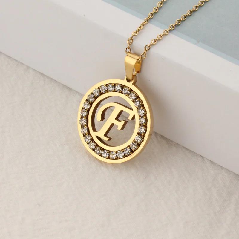 Stainless steel circular diamond set 26 letter necklace pendant