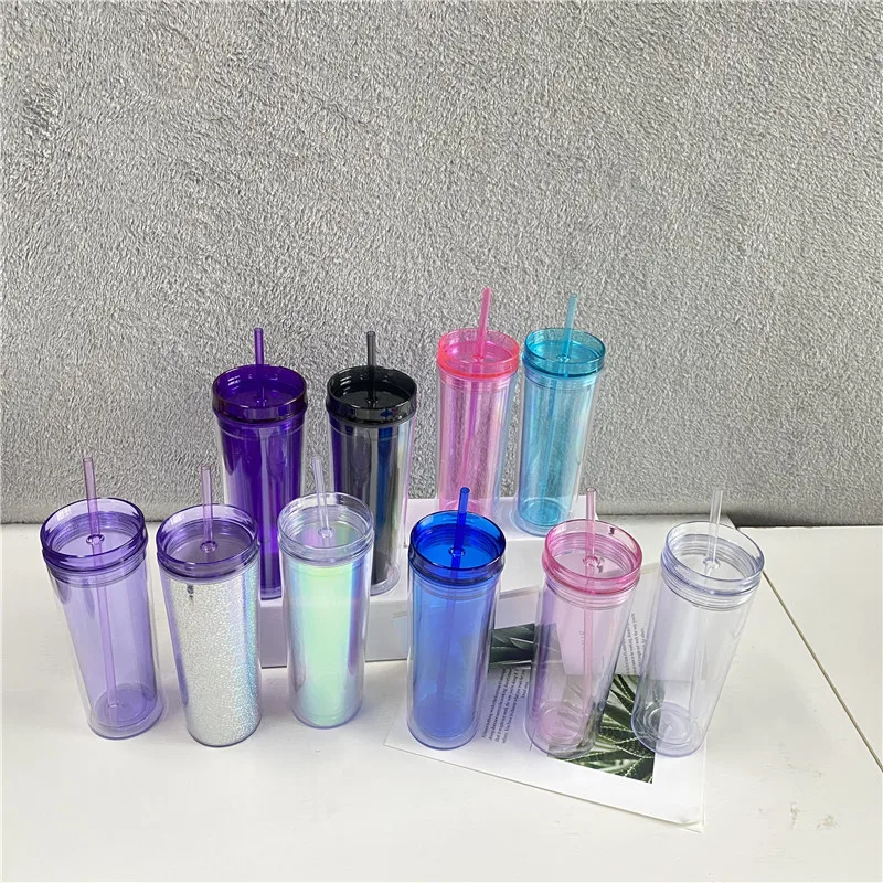 wholesale 16oz Clear Insulated Straight Tumblers Reusable Double Wall Skinny Plastic Cups Mug Water Bottles With Straw and Lids