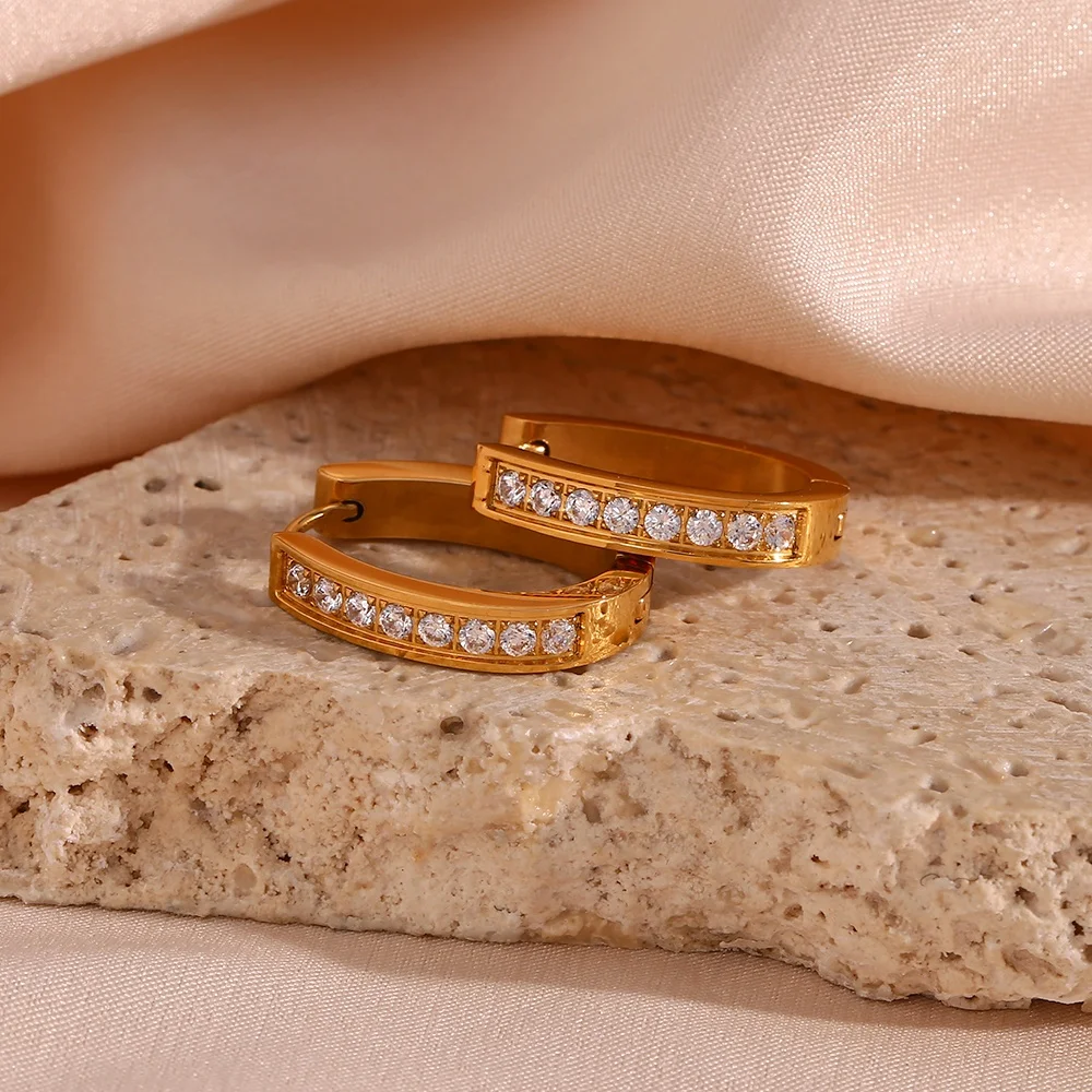 Water Proof U Shape Shining Zircon Huggies Earring 18K Gold Plated Stainless Steel Hoop Earring