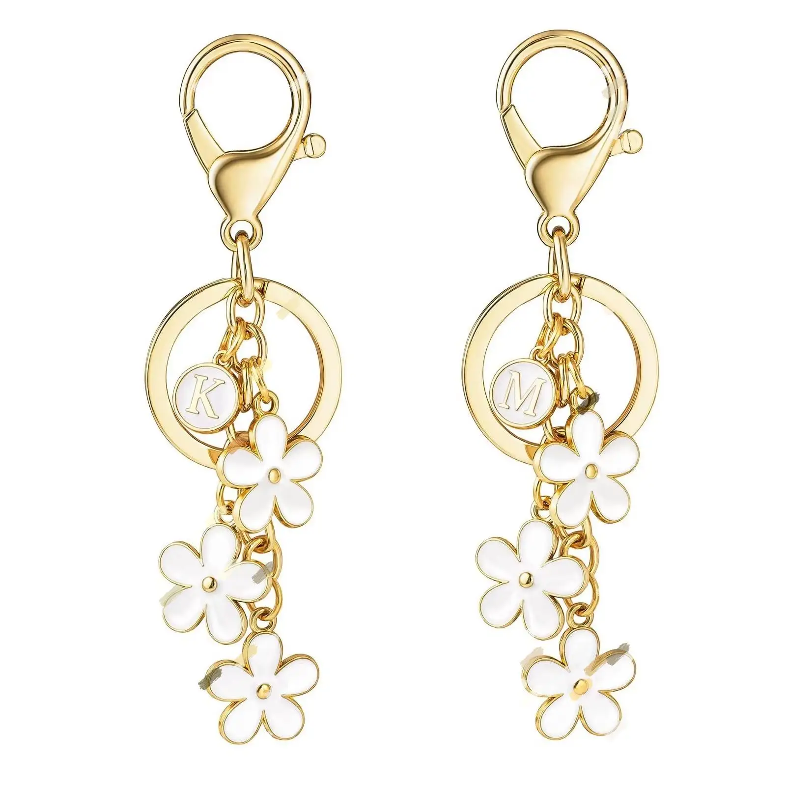 Wholesale Flower Keychain White Pink Initial Flower Key Chain Cute Letter Keyring Charm Handbag Backpack Pendant Letter Keychain