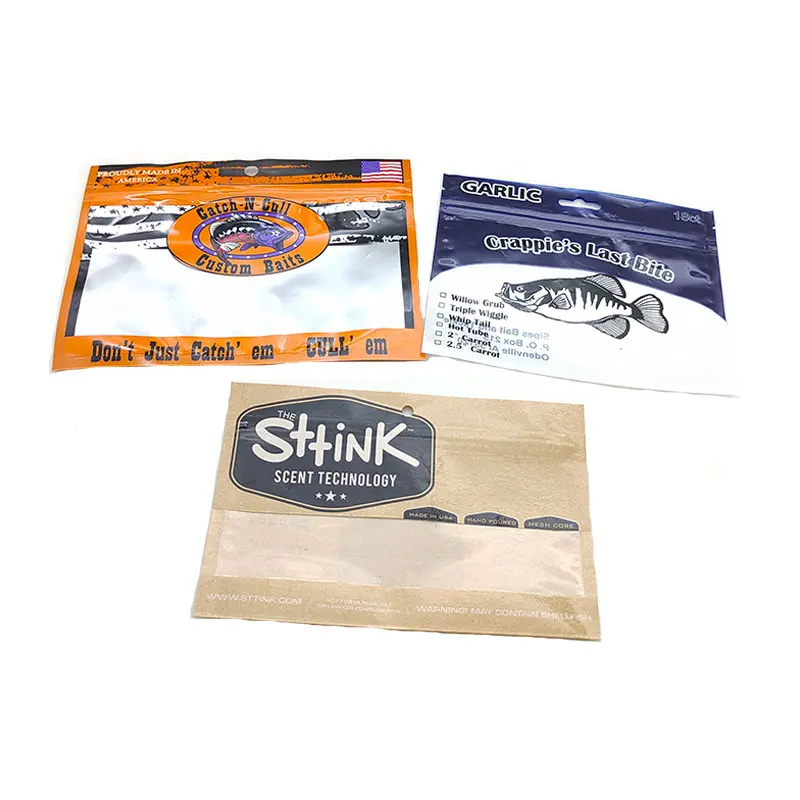 Custom Fish Lure Packaging Kraft Paper Clear Window 3 Side Pouch Bait Soft Plastic Bags For Fishing Feed