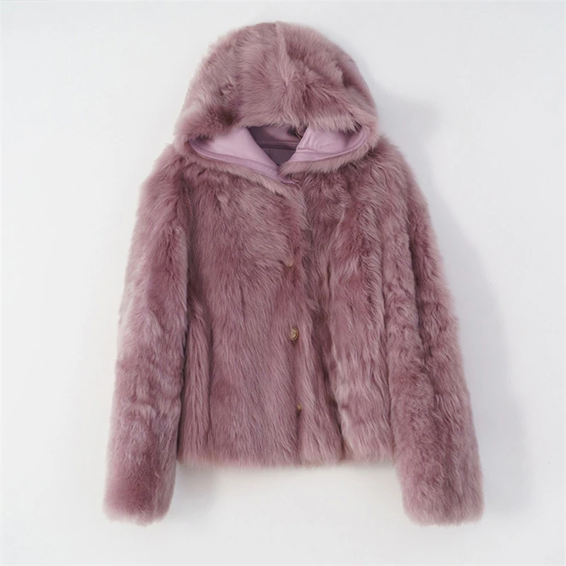 Women Warm Thick Italy Imported Tuscany Sheep Fur Double-Faced Sheepskin Leather Fur Coat With Fur Hooded