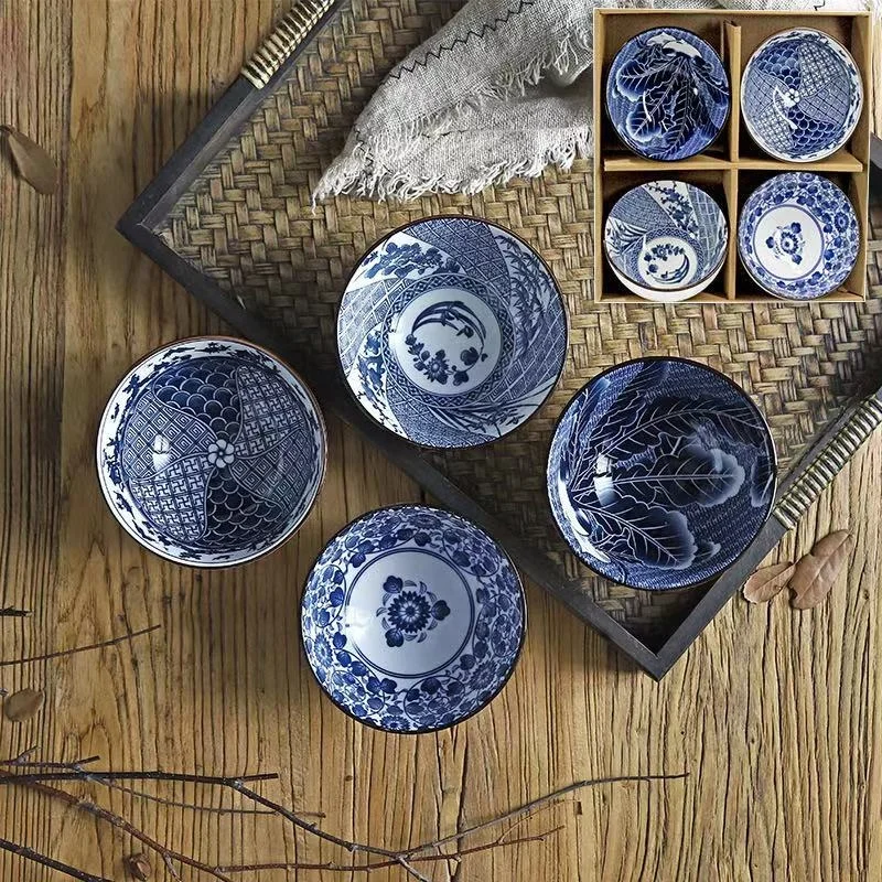 4.5inch Natural Healty Japanese Ceramic Bowl Gift Set Blue and White Porcelain Bowl