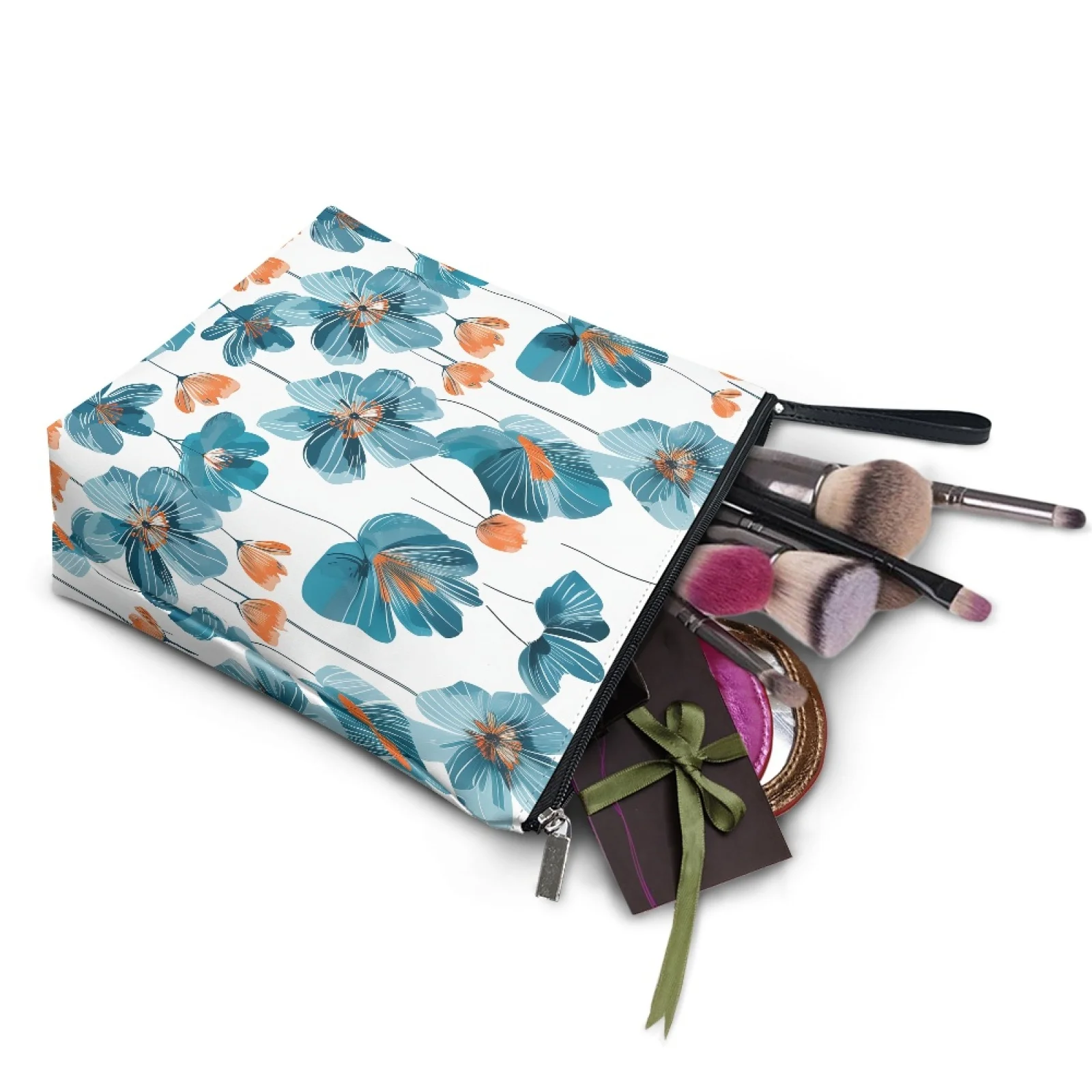 Hot Selling Flower Printed Waterproof Travel Toiletry Bag Large Capacity White Blue Floral Cosmetic Bag Leather Makeup Bag Pouch