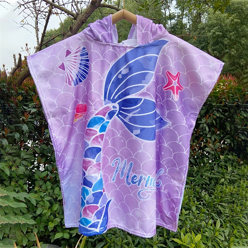 Hot selling  High Quality   Custom    Kids cartoon mermaid and dream catcher Hooded Towel  Bath Robe Children Beach Surf  Poncho