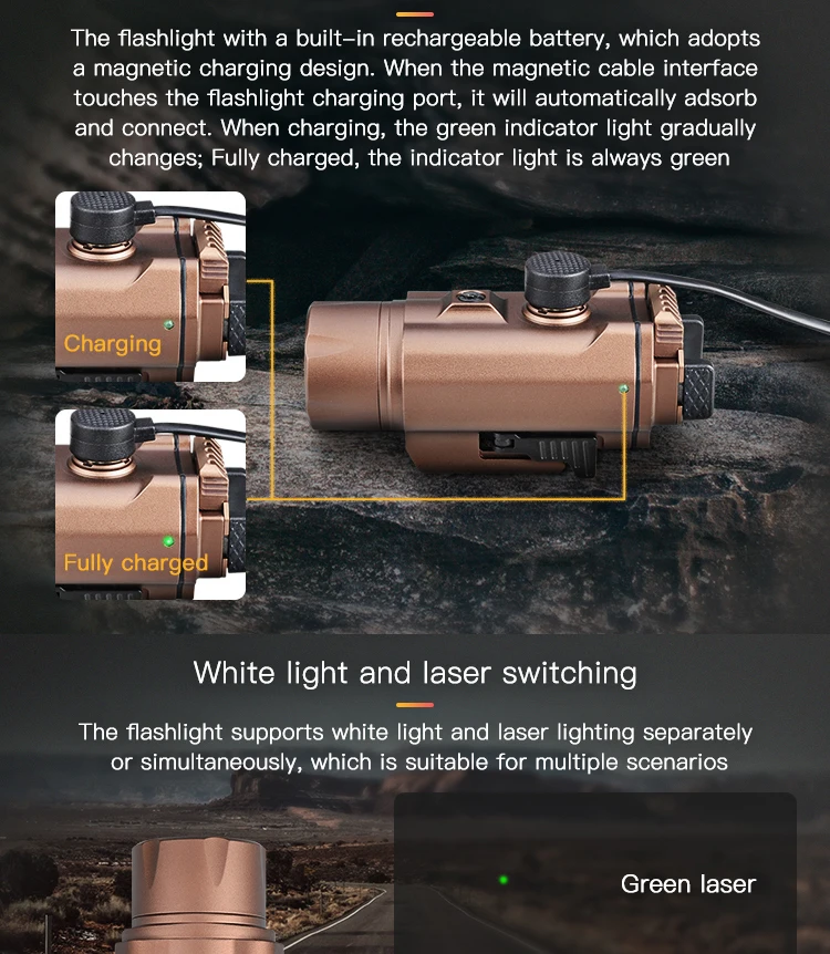 Shockproof Beams Magnetic Rechargeable Green Blue Red Beam Tactical  Laser and 1500lm LED Combo Flashlight