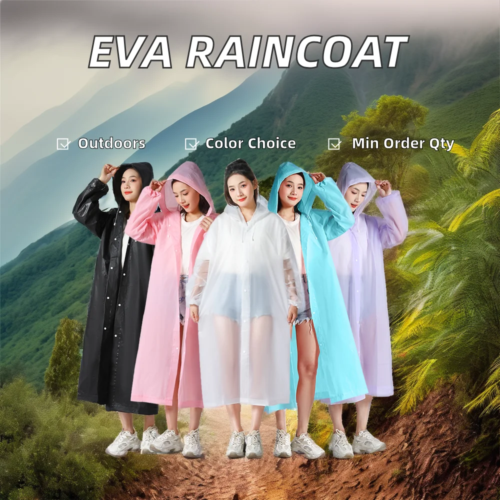 Lightweight Reusable Adult Rain Ponchos with Hoods and Sleeves Plastic Eva Waterproof Raincoat for Girls