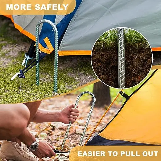 Wholesale Premium Quality Heavy Duty Metal U-shaped ground stakes durable 30 cm Metal Threaded Tent Spikes for camping tent