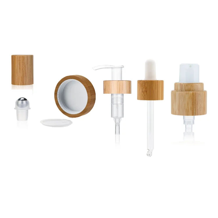 Cosmetic bamboo roll on ball wood jar screw lid dropper airless press pump spray disc flip top caps with bamboo top