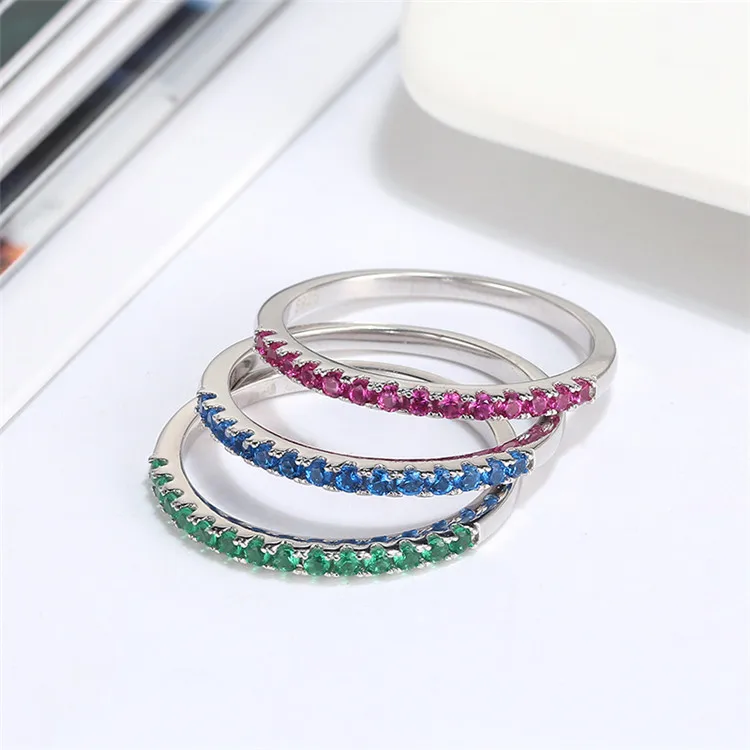Fashion Wholesale Sterling Silver Shining Half Roll Pave Colorful Daily Gift Natural Ruby Sapphire Emerald Gemstone Ring