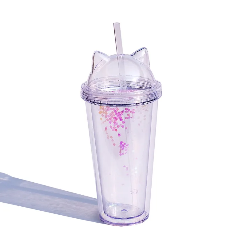 GXP Amazon top sell summer double wall Cat ear sippy cups coffee mug tumbler plastic cup with lid and straw