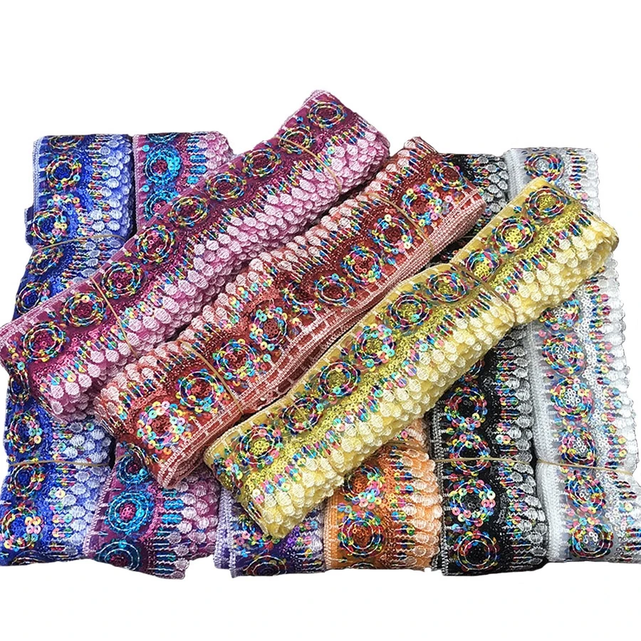 COOMAMUU 10yards/lot Ethnic Sequins Lace Ribbon Fashion Embroidery Lace Trim for Sewing Clothing Curtain Accessory