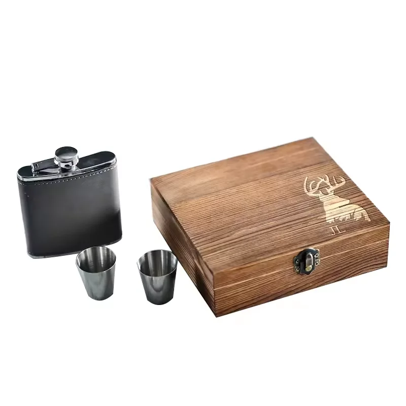 Wedding Metal Whisky Set And Funnel Retro 8oz Whiskey Liquor Hip Flask Gift Set Box Stainless Steel in Wooden Leather Men