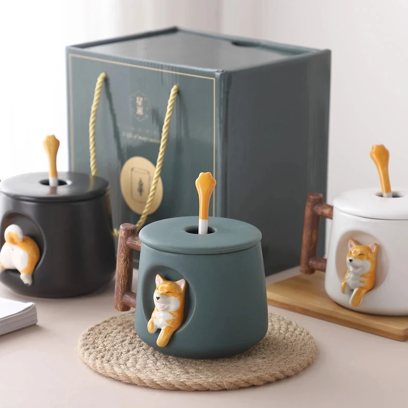 Kawaii керамическая кофейная кружка набор мультфильм 3D Шиба-ину собака рельефная монтируемая Персонализированная чашка для молока чая с крышкой ложкой рождественские