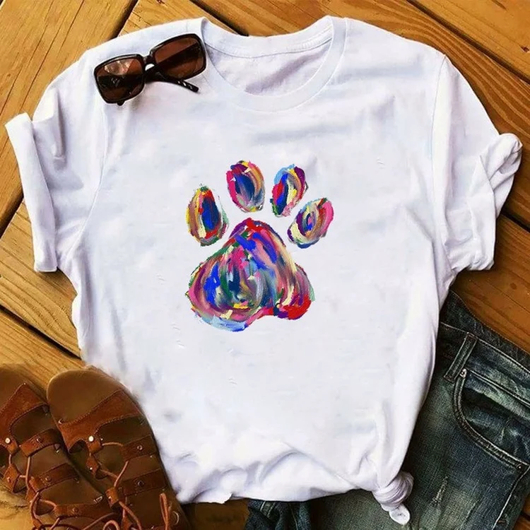 Women Short Sleeve O Neck Loose T-shirt Women T Shirt Dog Mom PAW Kawaii Floral Print Shirt Ladies Causal Tee Shirt Tops