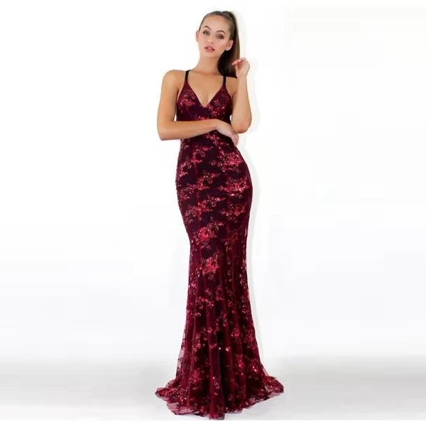 
Factory wholesale women sexy luxury floor length suspender dress elegant lady backless sequin embroidery evening dresses 