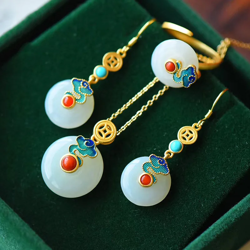 Retro 18k gold plated enamel cloud inlaid Hetian jade hoop earrings necklace ring jewelry set