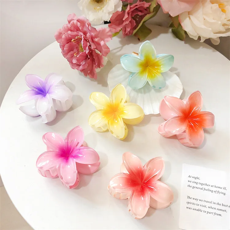 Best Selling Summer Jelly Color Glitter Frangipani Plastic Hair Claw Clips Cute Sweet Flower Nude Fashion Accessories