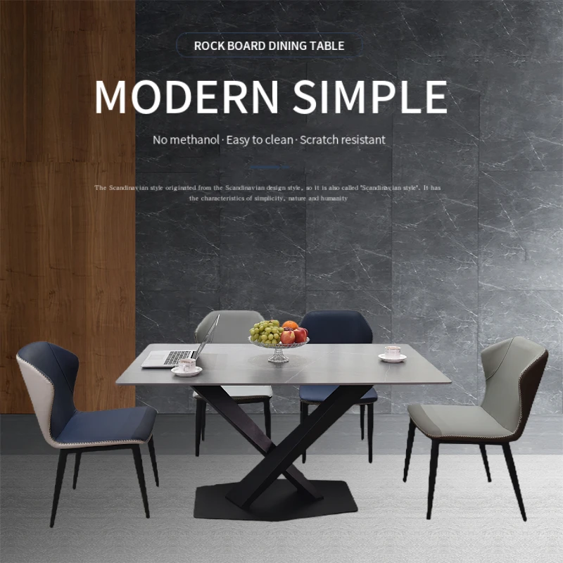 
2021 modern 1300 cm 140 cm 160 cm long Rock plate top carbon steel frame dining table ODM/OEM 