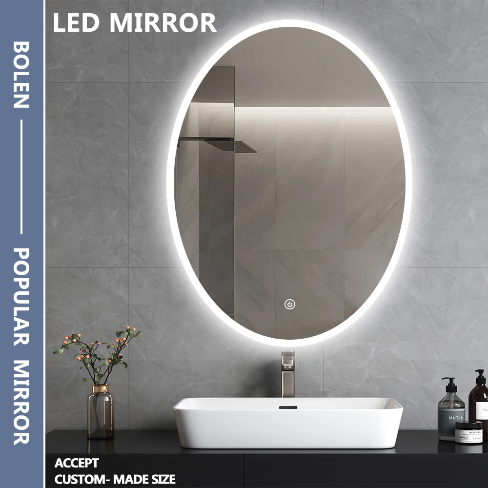 Shower Mirror Oval Frameless Wall Mounted Mirror with LED Lighting and IR Sensor