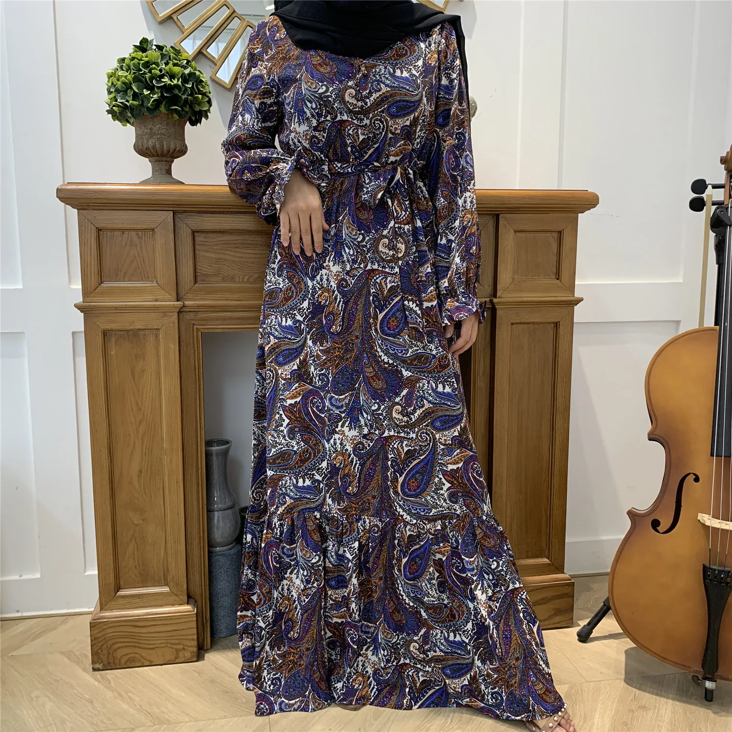 6373#Newest Floral Printed Long Chiffon Islamic Clothing Muslim Abaya Women Maxi Dresses