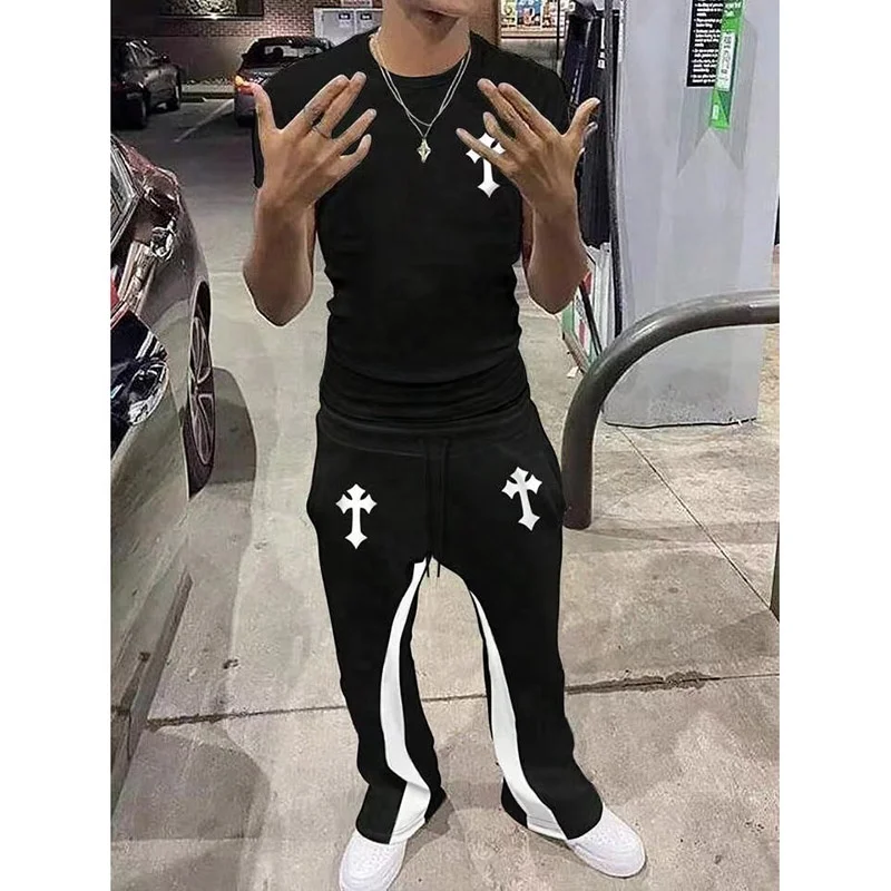 best quality custom design streetwear brand logo slim fit sport t-shirts flare gym tracksuits for men