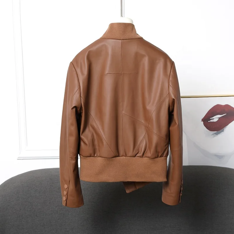 Short Stand Knitting Collar and Bottom Women Sheepskin Genuine Crop Leather Jacket Women
