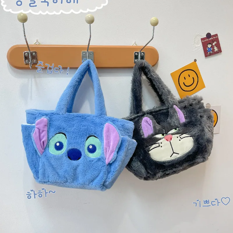 2024 New Cute Stitch Lucifer Cat Design Lunch Bucket Bag Girly Heart Plush Handbag Kids Satchel with Rice to Go