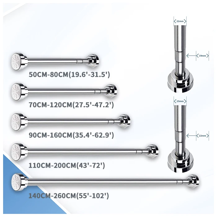 Custom Curtain Shower Rod Aluminium /Stainless Steel Washroom Curtain Rail Bathroom Tension Rod Shower Curtain Poles