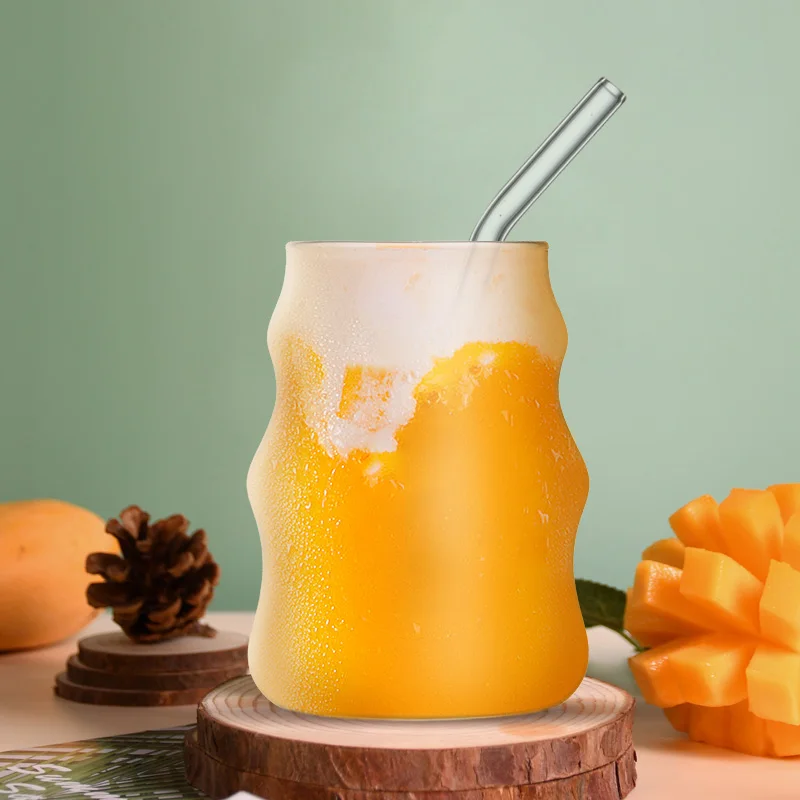 Ribbed Glasses Clear Boba Tumbler Insulated Double Mug Sublimation Cappuccino Coffee Glass Cups With Bamboo Lid and Straw