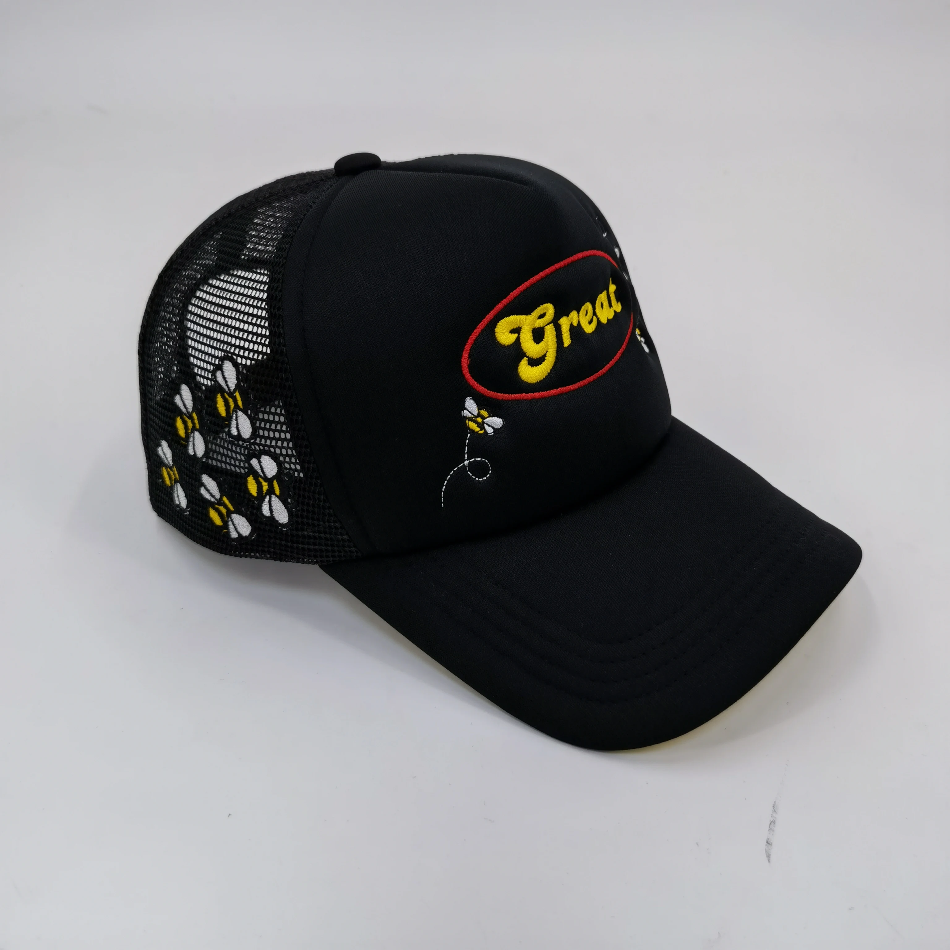 5-Panel Black Bee Baseball Caps Cute Bee Cool Dad Hats Custom Embroidered Logo Mesh Trucker Hat Caps