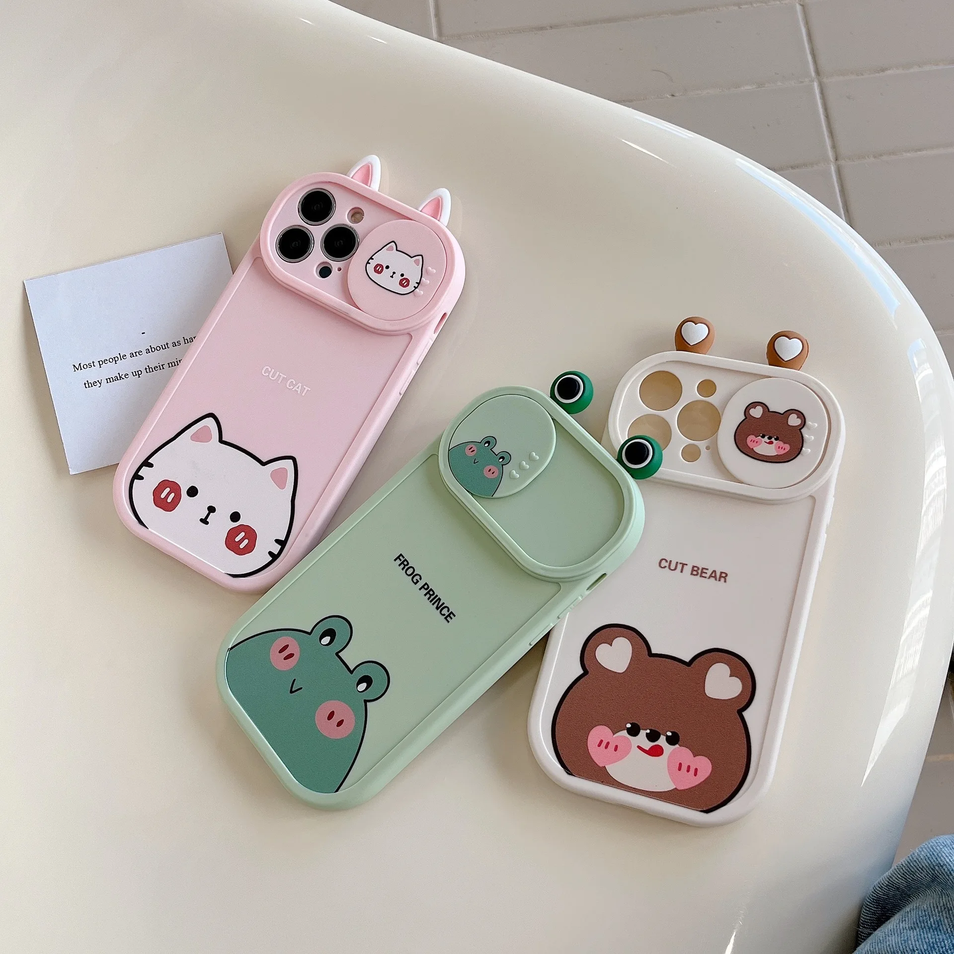 3D Cute Cartoon Bear Pink Cat Sliding Window Phone Case For iPhone 13 14 Pro Max 11 12 XR X Xs Max Camera Lens Protection Cover