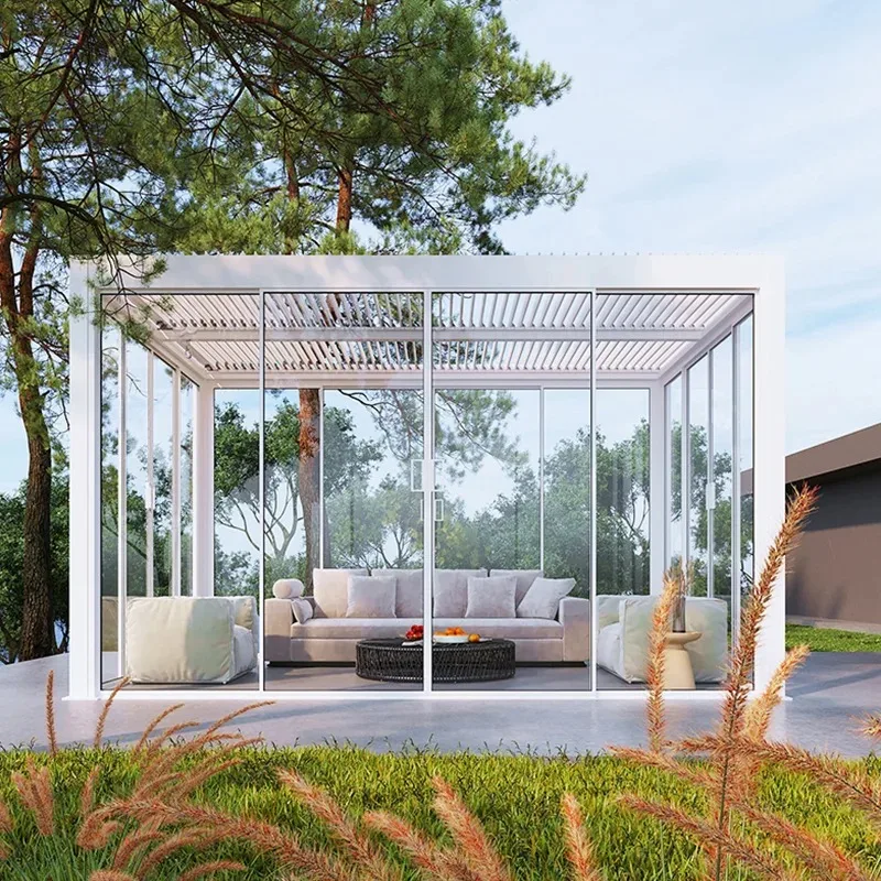 Waterproof Outdoor Pergola Garden Pergola Aluminium Outdoor Motorized Louvered Pergola Gazebo Outdoor With Sliding Glass Door