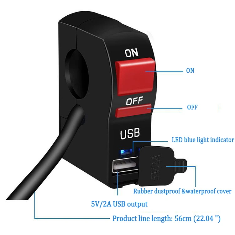 Водонепроницаемый переключатель на руль мотоцикла с кнопкой включения/выключения и зарядным устройством Usb