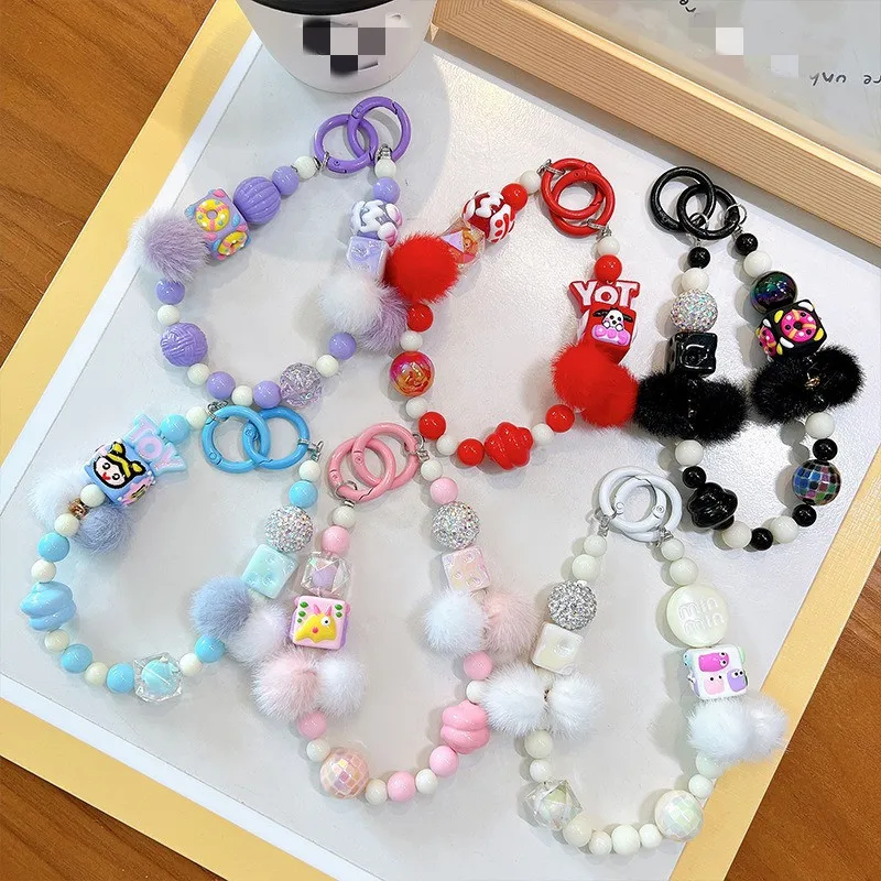Fashion Creative Hand Drawn Doll Letters Fluff Ball Beads Phone Chain Bag Hanging Accessories Headphone Bracelet Beaded Keychain