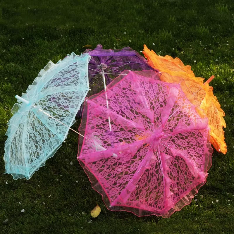 LS03 Lace Embroidery Craft Parasol Elegant Dancing Photo Props Wedding Decor Umbrellas Stage Ruffles Lace Bridal Umbrella