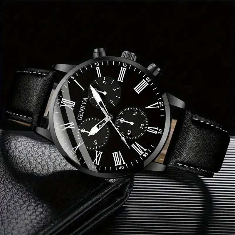 black 2 pcs / set black mens Quartz Watch with Bracelet Fashion Men Set gift quartz Watches For Men
