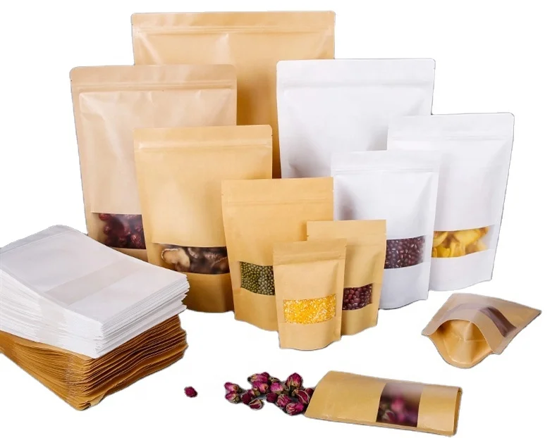 Custom Logo Printed Compostable 100% Biodegradable White Kraft Paper Tea Food Packaging Bags with Reusable Zipper