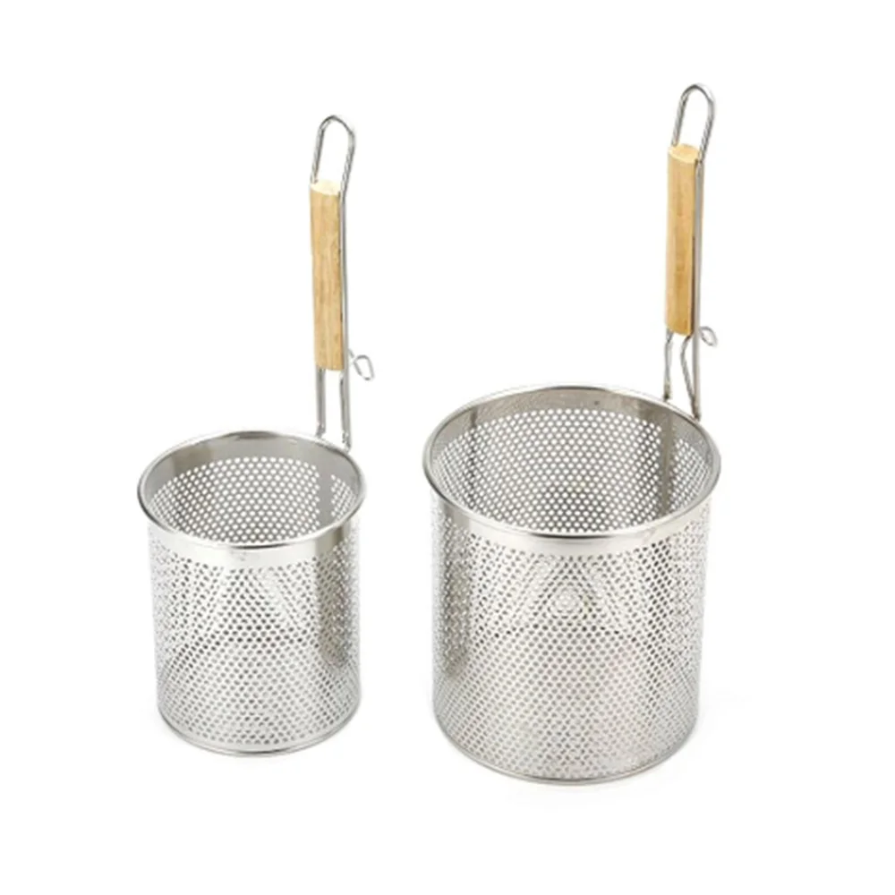 Mesh Pasta Basket with Wooden Handle Stainless Steel Mesh Spider Strainer for Pasta, Noodles, Dumpling