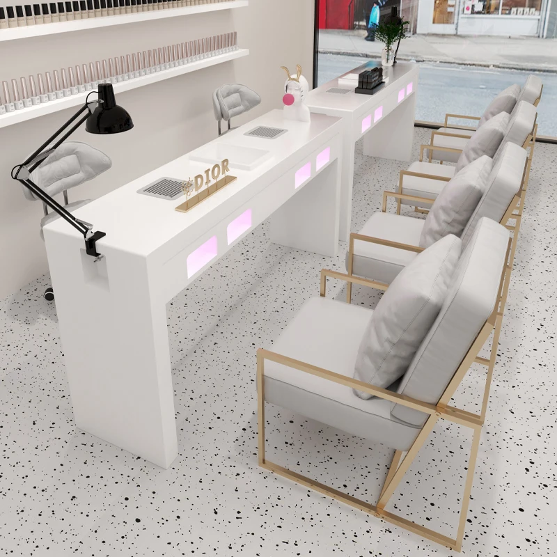 Professional Equipment Pink Manicure Desk Client Table Double Manicure Furniture With Dust Vacuum Cleaner And Luxury Light