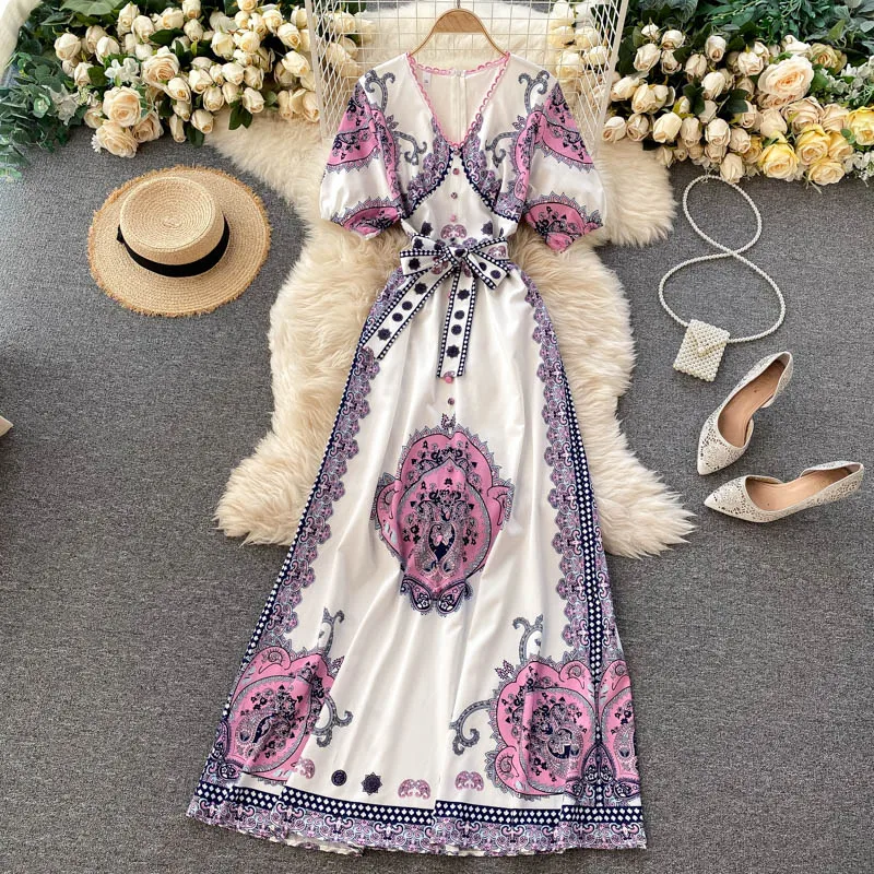 
Hot Sell Women Girl Maxi Dress Vintage Printed Pleated Dress Long Sleeve Buttons Bow Collar Print Pink Casual Party Dress 