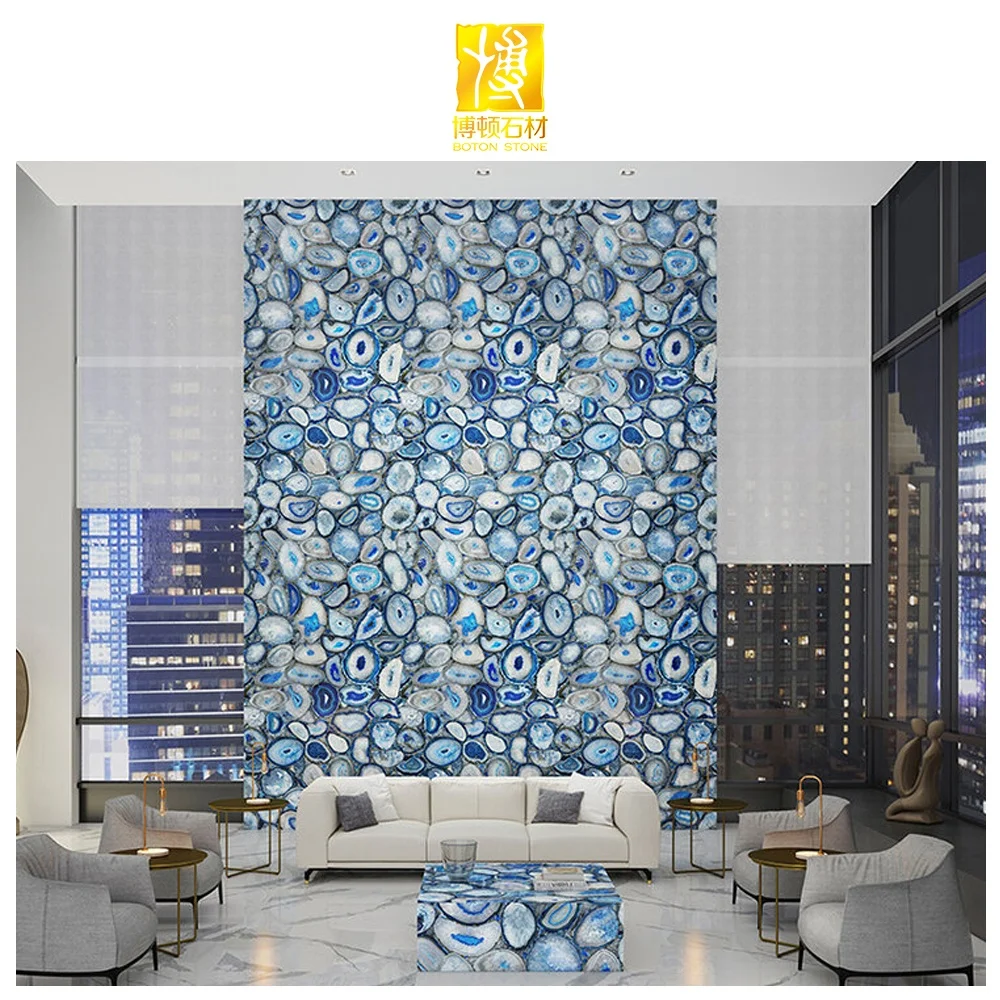 BOTON STONE Luxury Natural Marble Backlit Interior Wall Background Translucent Gemstone Blue Agate Slab Stone