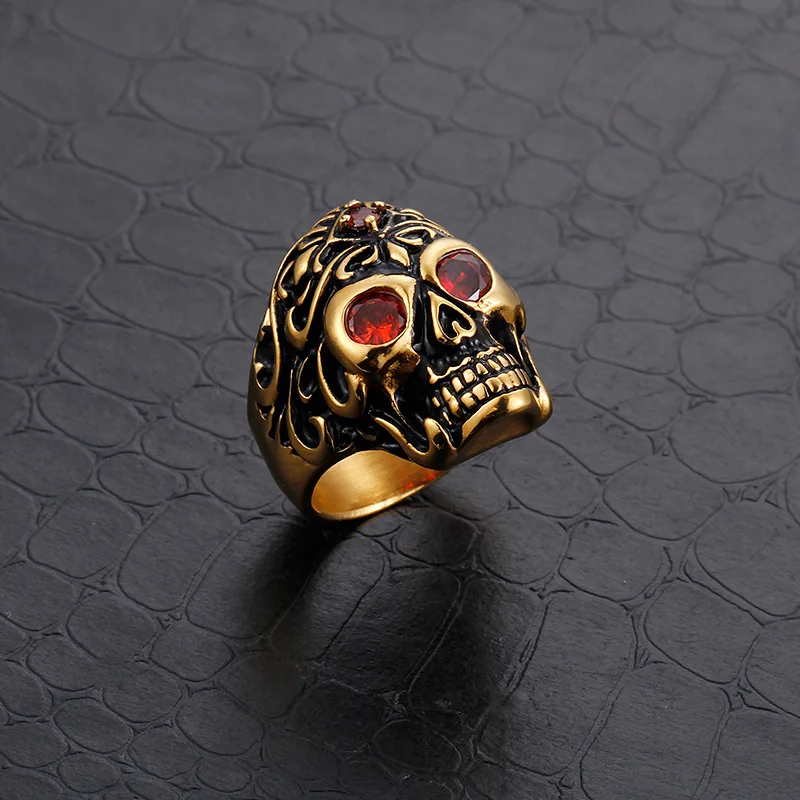 KALEN Vintage Gold Skeleton Head Stainless Steel Red Zircon Men Finger Ring