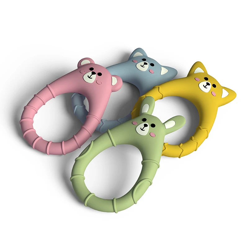 Wholesale Food Grade Animal Bear Bunny Dog Teether Ring Cartoon Teething Silicone Teether Baby Teether Silicone Toy