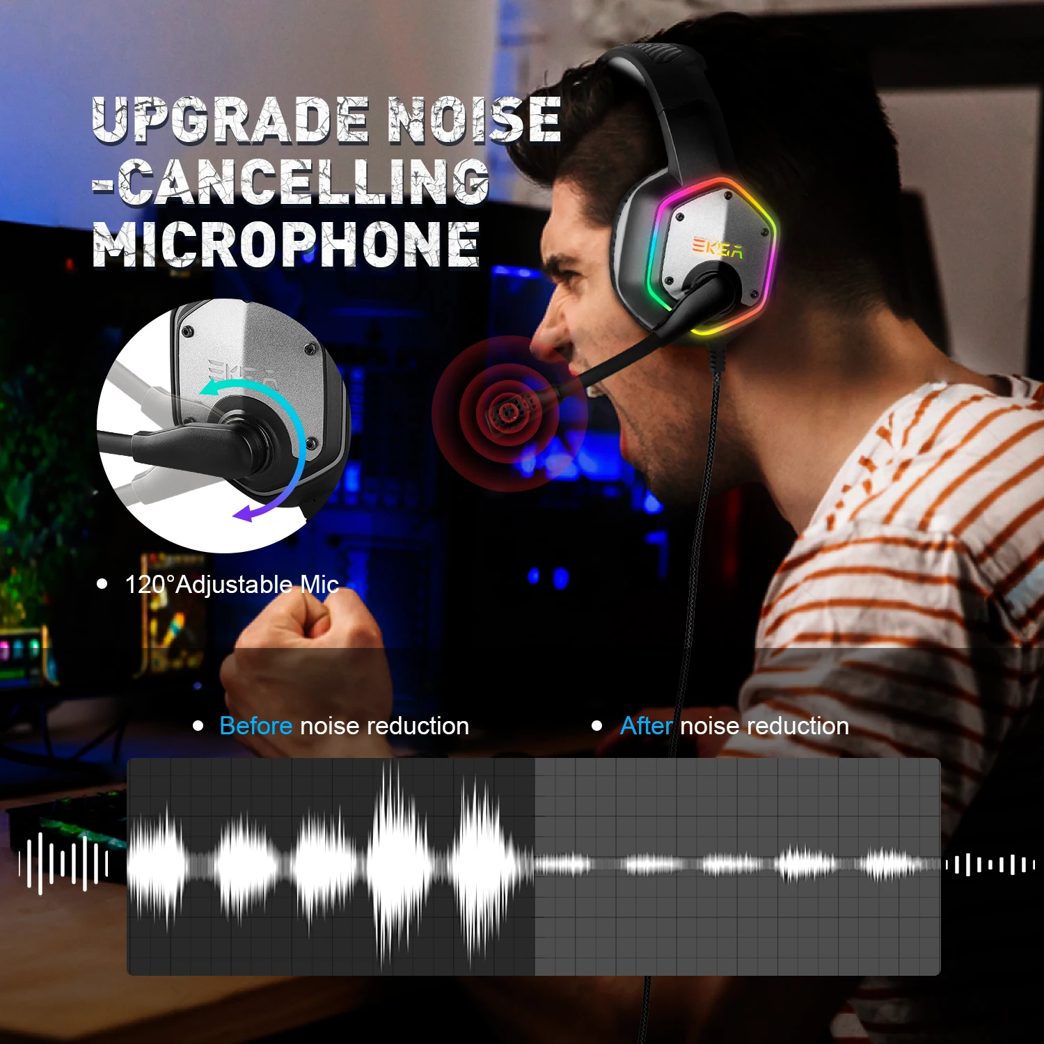 EKSA E1000 wired USB gaming headset with RBG LED light and 7.1 surround sound for XBOX and others