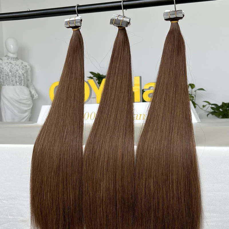 Tape in Raw Brazilian Hair Super Double Drawn Color #4 Chocolate Brown Bone Straight Extensions